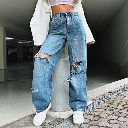 Women Sexy Ripped Jeans 2021 Trendy Denim Pants High Waist Hole Baggy Straight Pants Casual Loose Wide Leg Trouser Streetwear