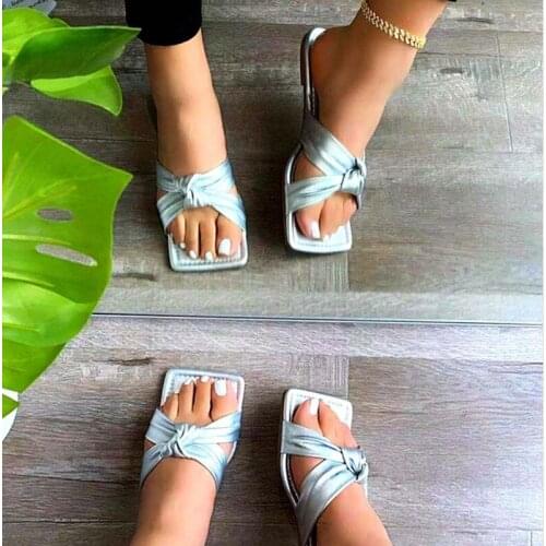 Hot Womens Sandals 2021 Summer Square Toe Fashion Flat with Sandals Cross Knot Leisure Zapatillas Mujer Casa Sapato Feminino