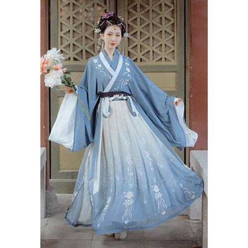 Wei and Jin Dynasty Black Ancient Chinese Costume Hanfu Dress Women Elegant Embroidery Floral Blue Gradient Vestidos Folk Dance