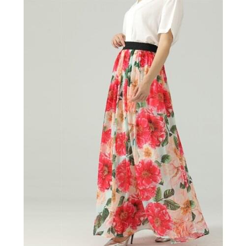 2021 Fashion Runway Summer Vacation Skirt Womens Chiffon High Waist Flower Printed Vintage Party Midi Skirt