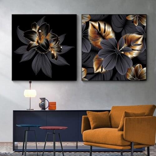 Abstract black gold Flower Pattern Canvas Painting Wall Art Posters Prints pictures Modern Corridor Living Room Home Decoration