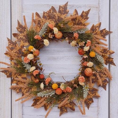 Halloween Decorations Wreath Artificial Flower Imitation Maple Leaf Pumpkin Yellow Malt Grass Sprouts Multicolor Rattan Circle