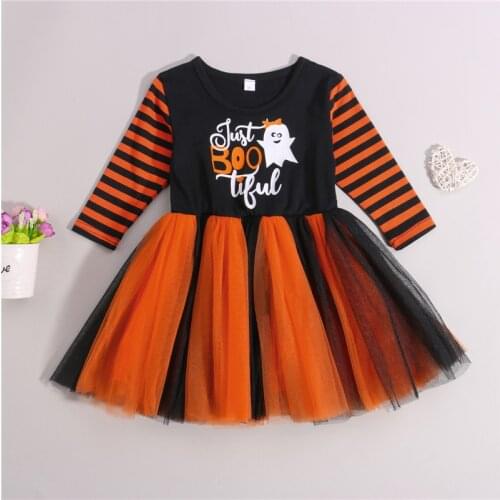 Kids Dress Girls Halloween Letter Ghost Print O-Neck Long Sleeve for Summer Fall Orange 2-7 Years