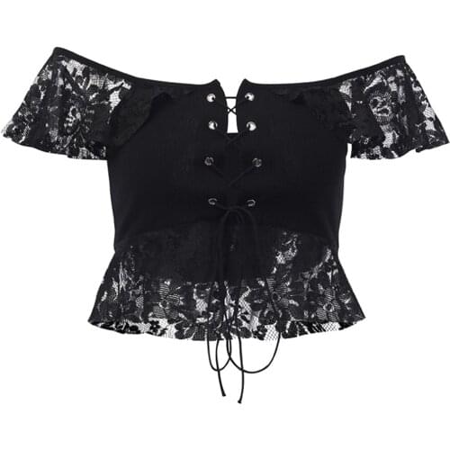 Women One Shoulder T-shirt Black Lace Patchwork Crop Tops Girls Korean Fairy Punk Short Sleeves Lace-up T Shirts Club Street Top