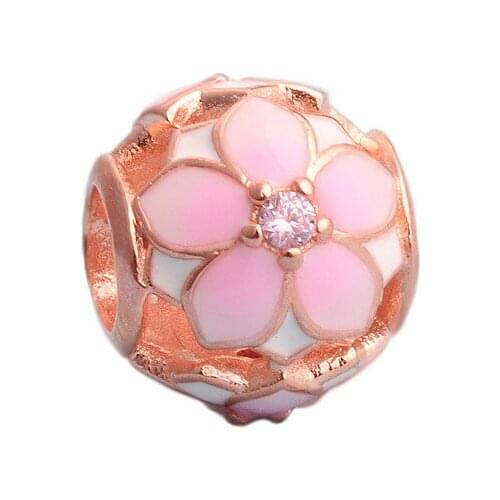 DoDoFly Authentic 925 Silver Rose gold magnolia peach blossom beads Fit Original Bracelet Necklace Pendant DIY Jewelry Making