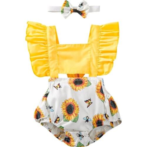 2 Pieces Kids Swimsuit Set Girls Sunflower Print Square Neck Fly Sleeve Baby Romper+ Headband for Summer
