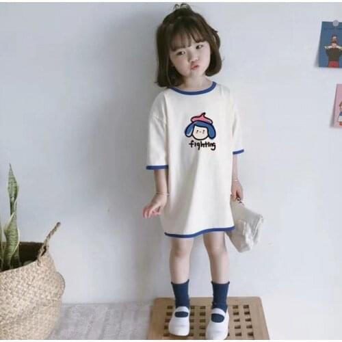 Summer Girls Short-Sleeved T-Shirt Baby New Solid Color Casual Loose Version Clothes Cartoons Cute Color Matching Mid-Length Top