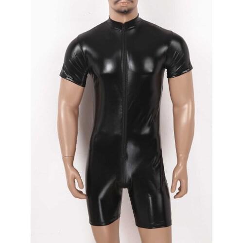 Mens Gay Fancy Costumes Clubwear Wetlook Front Zipper Catsuit Bodysuit Teddies Bodystocking Latex for Male Cocktail Parties