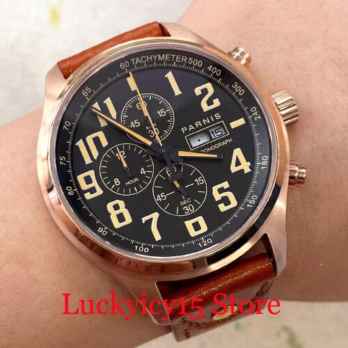 2 Models Mechanical Hand Winding Mens Watch 44mm Gold Watch Case 6497 Movement Leather Strap Roman Numbers