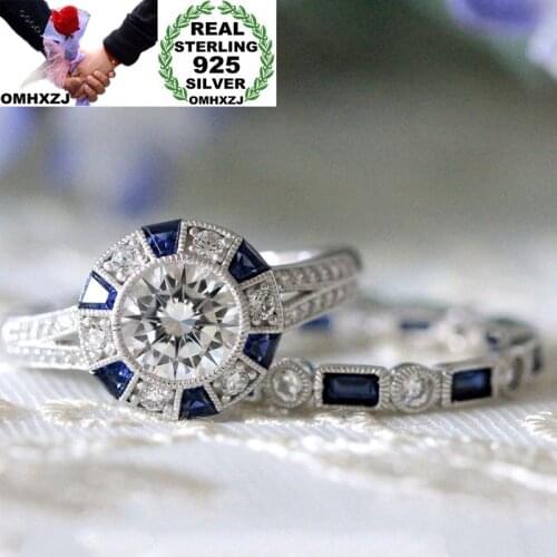 OMHXZJ Wholesale European Fashion Woman Man Party Wedding Gift Silver Blue Heart AAA Zircon 925 Sterling Silver Ring Set RR23