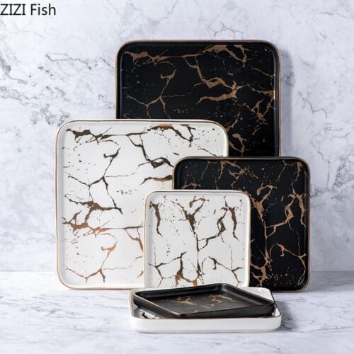 Square Tableware Marble Plates Ceramic Dinner Set Gold Inlay Porcelain Dessert Plate Steak Salad Snack Cake Plates Wholesale