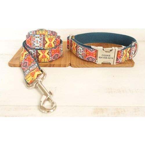 Personalized Pet Collar Customized Nameplate ID Tag Adjustable Soft Blue Bohemia Cat Dog Collars Lead Leash Set