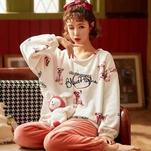 Cartoon Cute Pyjamas Set Winter Flannel Warm Sleepwear Womens Pajamas Coral Velvet Pijama Homewear Pjs Women Clothes Pants Suit