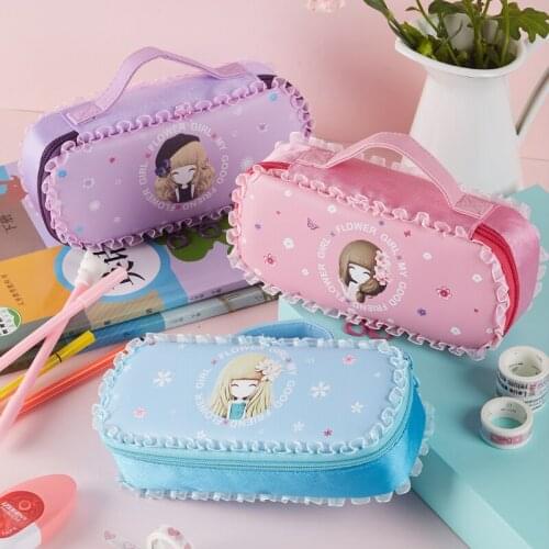 Flowers Girl pencil case waterproof cute Korean Female student version large capacity printing pencil case gift Zipper cartoon