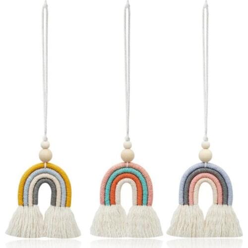 Boho Rainbow Car Charm Bohemian Essential Oil Car Diffuser Hanging Air Freshener Decor Macrame Rainbow Rear View Mirror Hanger