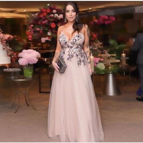 Chic Spaghetti Strap V-Neck Prom Party Dresses Appliques Tulle A-Line Evening Party Dresses Vestidos De Fiesta Robe De Mariee