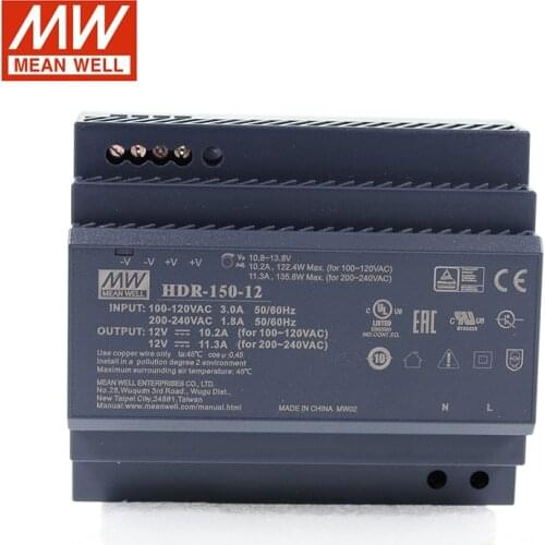 MEAN WELL HDR-150-12 135.6W 12V DIN Rail Switching Power Supply 110V/220V AC to 12V DC 11.3A Slim Step Shape Voltage adjustable