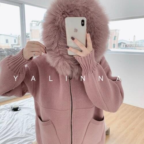 Sweater Women Cardigan Feminino Cotton 2020 New Womens Sweater With Real Fox Collar Back Cross Tie Big Pocket Zipper