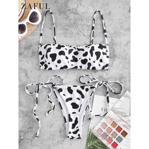 ZAFUL Cow Print Padded Bandage Swimwear Women Push Up Thong Bikini Set Summer Sexy Cami String Biquini Female Beach Swimsuit