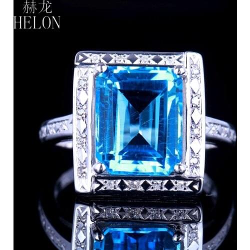 HELON Solid 10kt White Gold Flawless 4.36ct Emerald Cut Genuine Blue Topaz Natural Diamond Engagment Wedding Jewelry Ring 11x9mm