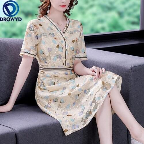 DROWYD Pink Print Midi Dress Women Summer V-Neck Short Sleeve A Line Elegant Knee Length Dresses Fashion Runway Party Vestidos