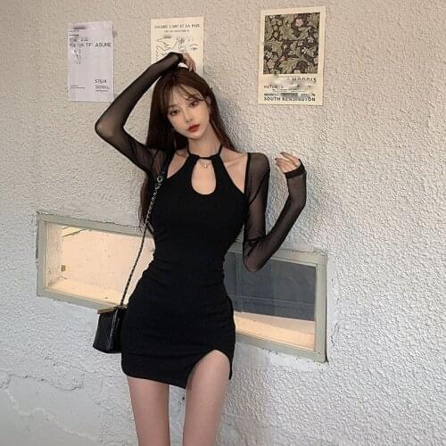 2021 retro O- neck dress spring and summer new fashion Sexy mini split endsemperament short Mesh See Through платье dress women