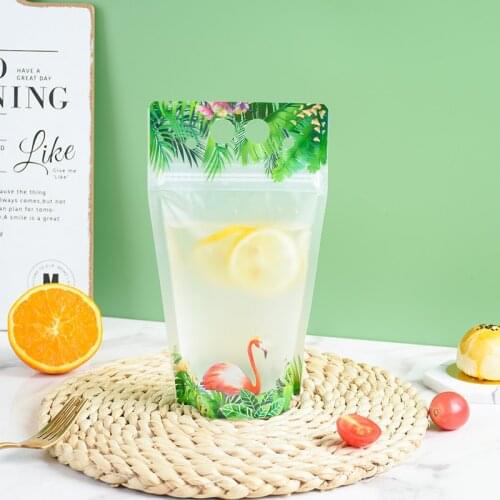 100PCS 500ml New Flamingo Drink Takeout Bags Various Fruit Juice Coffee Liquid Straws Disposable Handle Packing Ziplock Pouch