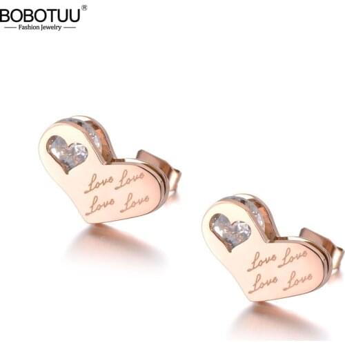 BOBOTUU Stainless Steel Jewelry Love Heart Stud Earrings For Women Girls Rose Gold Heart CZ Crystal Engagement Earrings BE19034