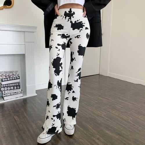 Cow Print Women Bottoms Pants 2021 New Basic Casual Folds Flare Pants Vertical Stripes Elastic Waist Vintage Streetwear Pants
