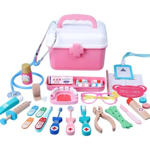 Wooden Pretend Play Toy Simulation Family Doctor Nurse Medical Kit with Plastic Box Educational Toys for Children Surprise Gift