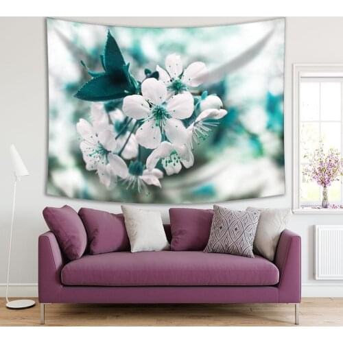 Tapestry Cherry Flowers Tree Branch Spring Seasonal Nature Freshness Decorative Photo Printed White Blue
