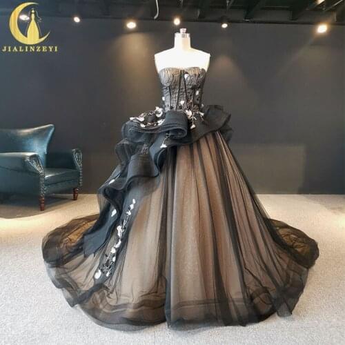 JIALINZEYI Black Sweetheart Gold Beads Flowers Ball Gown robes de soirée Fromal dress Evening Dresses