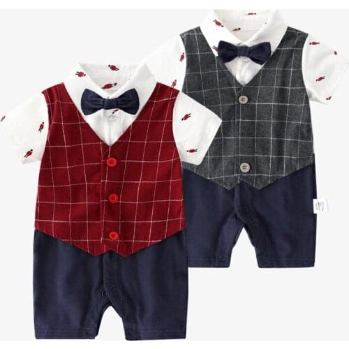 Summer Rompers Kids Newborn Baby Boys Short Sleeve Handsome Plaid Tie Turn-down Collar Jumpsuit Pure Cotton Highquality Outfit