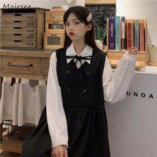 Dress Sets Women Lovely Students Kawaii Girls Japanese Style Loose Solid Casual Tender Classy All-match Elegant A-line Stylish