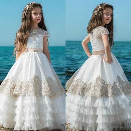 Custom High Quality Princess First Communion Dress Applique Lace O Neck Flower Girl Dress for Wedding 1-14years