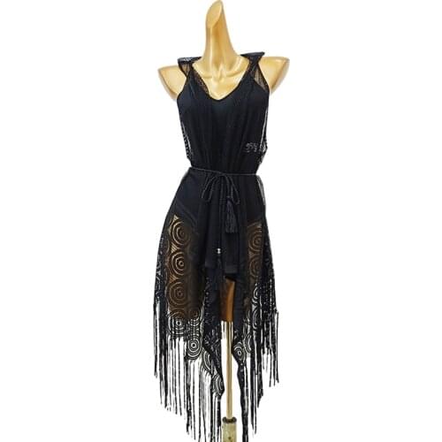 Latin Dance Practice Clothes WomenS Lace Cardigan Robe Mid-Length Fringed Blouse With Waist Rope Latin Performance Wear DN7902