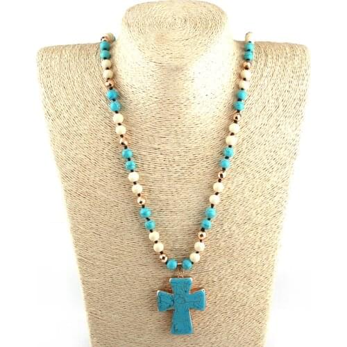 Fashion Bohemian Tribal Jewelry Magnetic Beads Semi Precious Stones Long Knotted Stone Cross Pendant Necklaces Ethnic Necklace