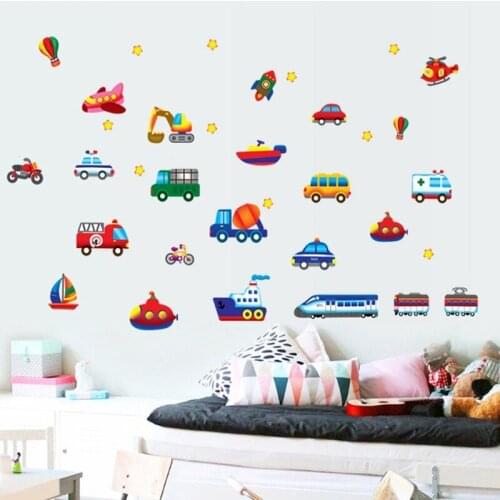 Cartoon Vehicle Airplane Wall Stickers for Boys Kids Room Bedroom Living Background for Furniture Decals DIY Vinyl Wallpaper