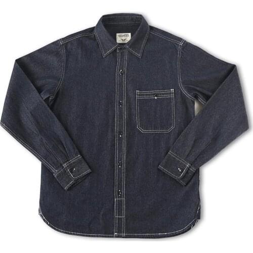 Mcikkny Mens Cargo Worker Jeans Shirts Long Sleeves Casual Denim Shirts For Male Solid Color