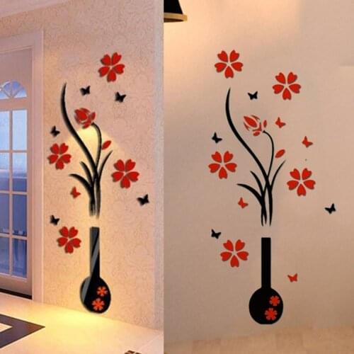 Cabinet stickers 3D flower Wall sticker tree home decor DIY Wall Vase Flower Tree Crystal Arcylic Stickers Decal Home Decor