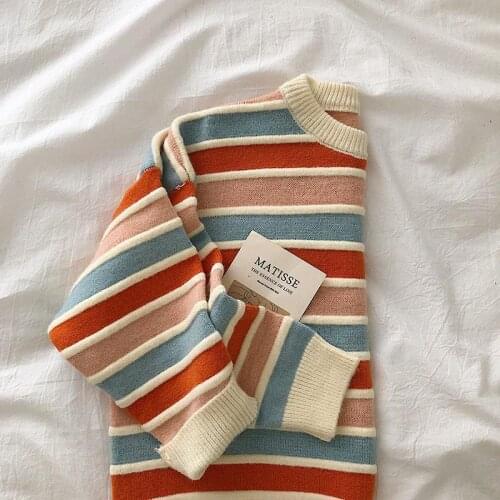 New small fresh color matching stripe loose and versatile round neck long sleeve sweater