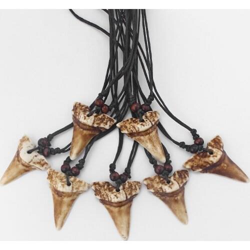 Wholesales 6Pcs Faux Yak Bone Brown Shark Tooth Teeth Pendant Necklace Adjustable Surfer Jewellery