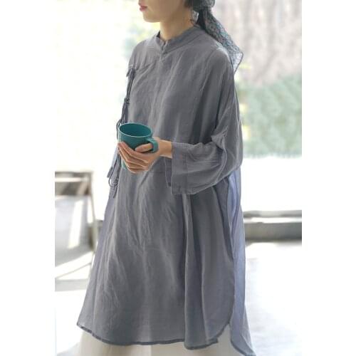 Original ramie Chinese stand collar slant skirt lace up fairy shirt national style Zen Hanfu tea dress l2012