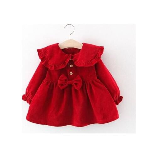Toddler Autumn Wear Solid-Color Cute Ruffle Wide-Lapel Long-Sleeves Fluffy Dress with Bow Decoration for Baby Girl 0-4 Years