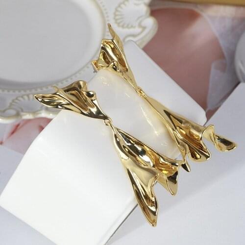 Personalized metal texture pleated triangle long exaggerated earrings