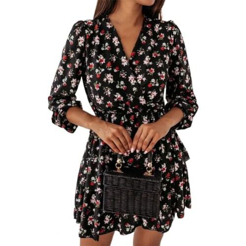 Dropshipping!! Long Sleeve Mini Dress V Neck Leopard Floral Double-layer Hem Lady Dress for Daily Life