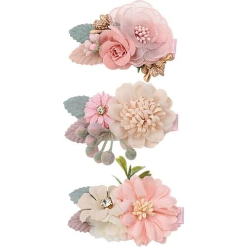Q1QA 3 Pieces Pink Flower Hair Clips Girls Floral Hair Pins Fully Lined Barrettes Vivid Flowers Embellished with Leaves