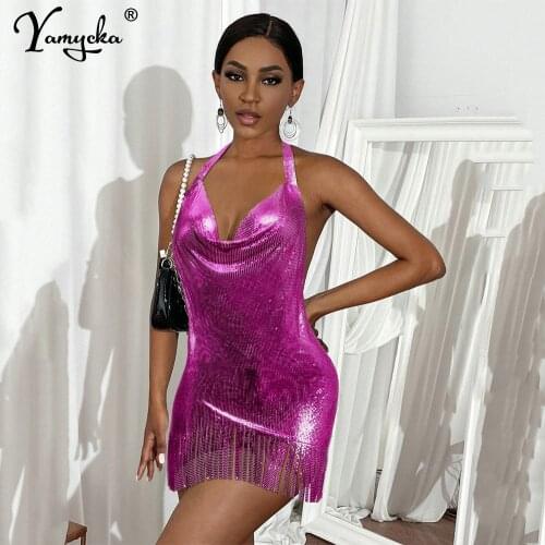 Sexy vintage halter Sequin Tassel mini summer dress women party night club bodycon dress elegant backless evening prom dresses