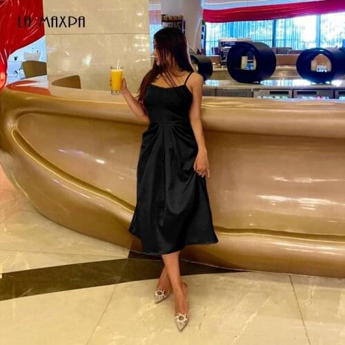2021 New Summer Spaghetti Solid Color Black Silk A-Line Sleeveless Mid-Length Dress Party Party Prom Dress Vestidos