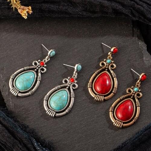 Vintage Ethnic Hanging Dangle Drop Earrings with Water Drip Nature Stone for Women Female Wedding Jewelry Ornaments Accessories